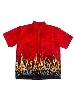 Extreme Gear Shirt Mens XL y2k‎ Red Black Flames Tribal Button Up Camp Hawaiian